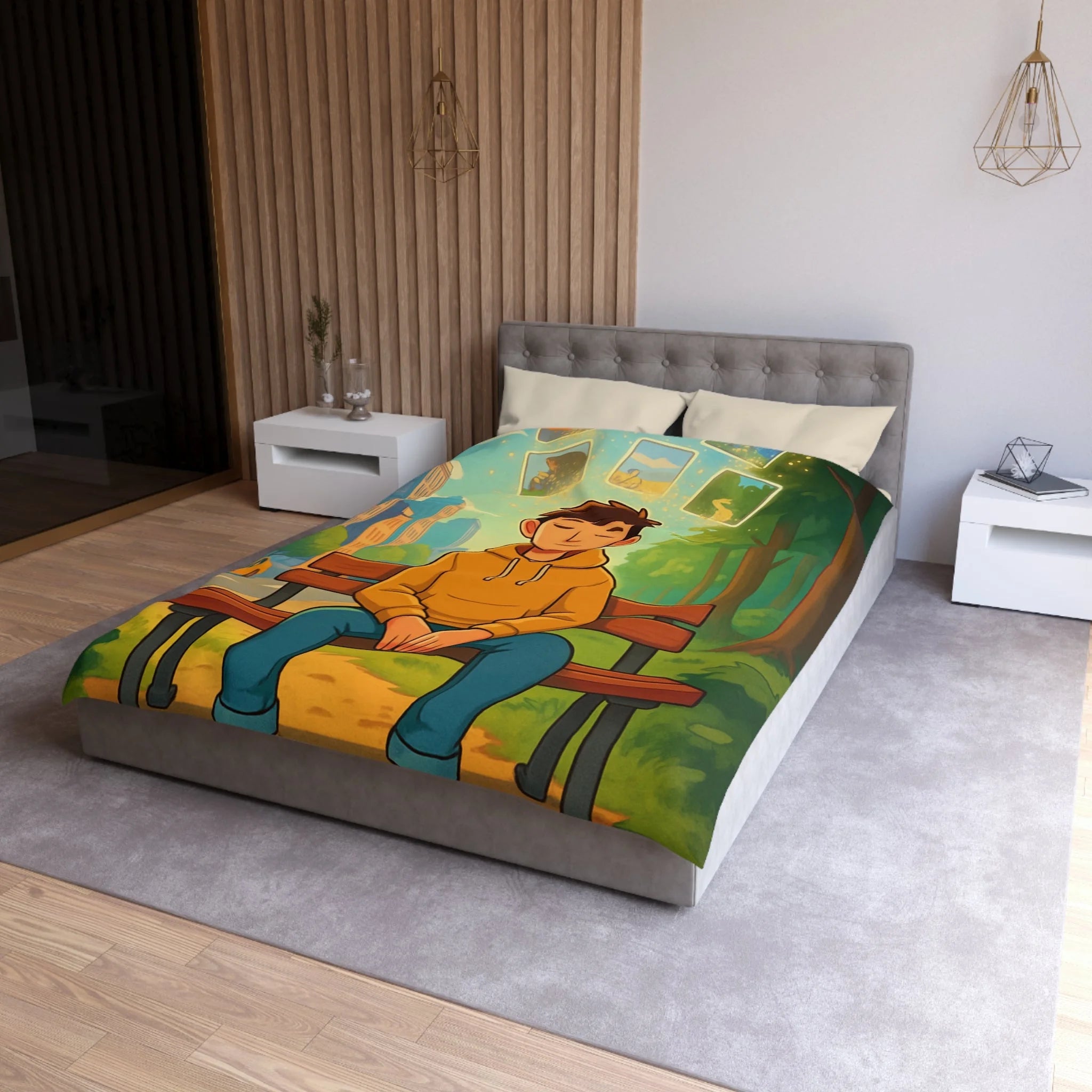 Housse de couette rêveuse garçon banco bois cartes illuminées parc illustré nature