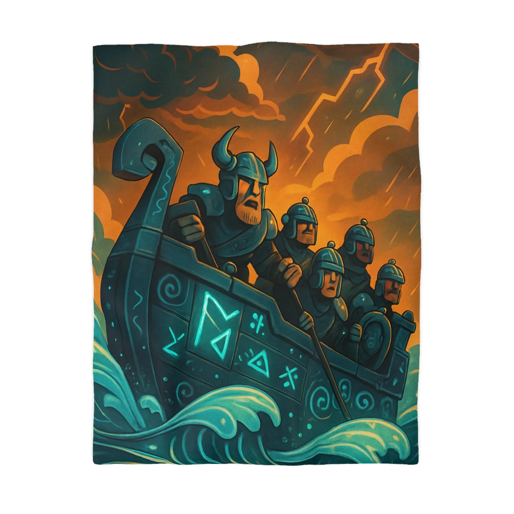 Housse de Couette Motif Vikings en Bateau sous Orage Céleste Féroce et Saisissant