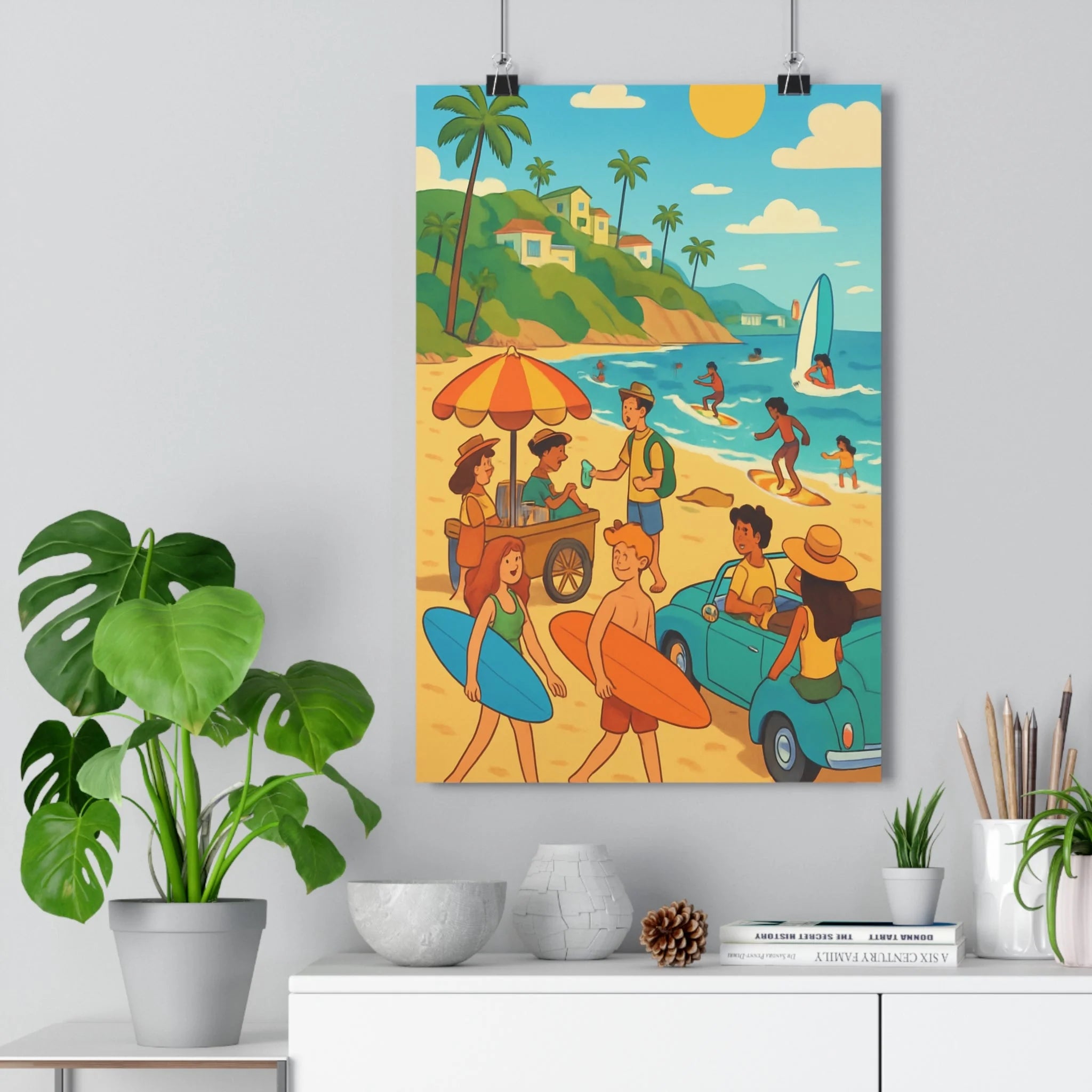 Poster décoratif rétro plage californienne surfeurs pastel bleu vert jaune salon relaxant ambiance estivale