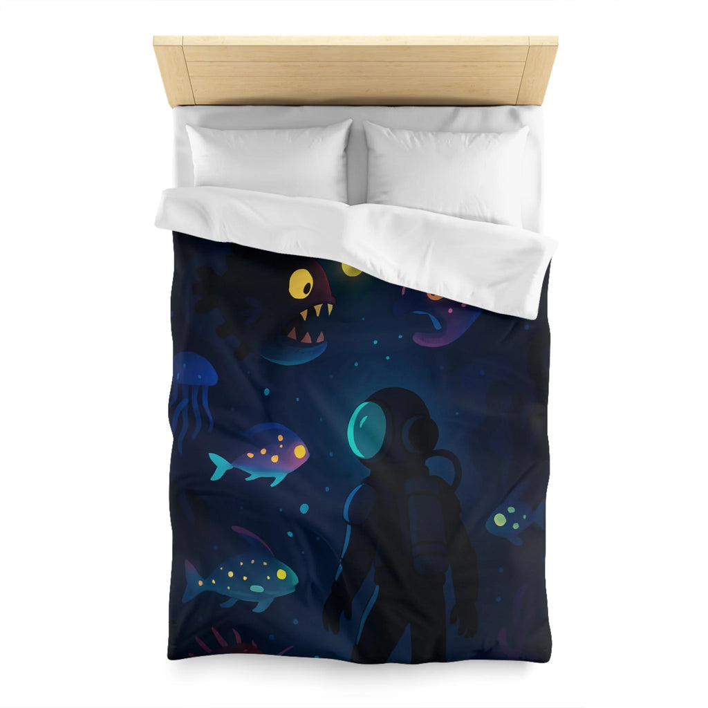 Housse de couette océanique avec plongeur et créatures marines lumineuses mystérieuses