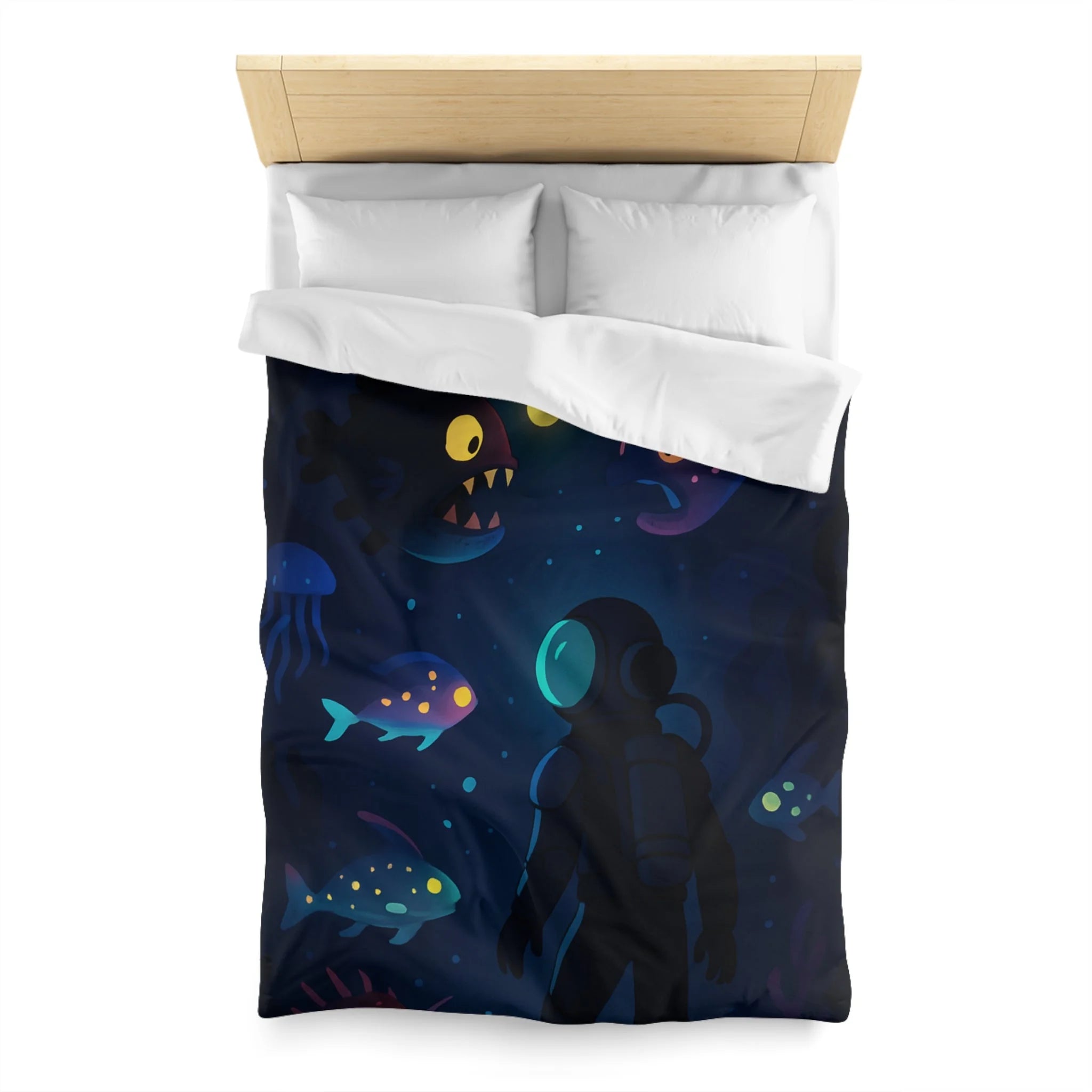 Housse de couette océanique avec plongeur et créatures marines lumineuses mystérieuses