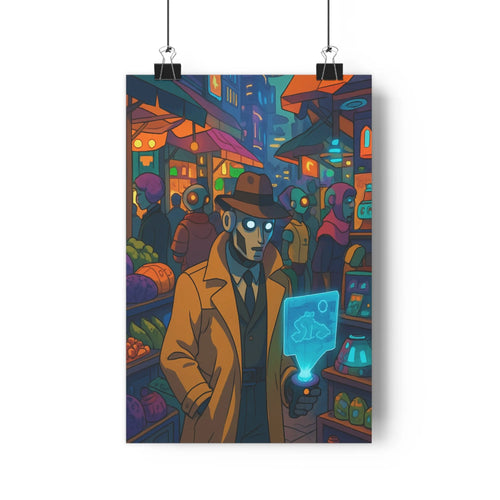 Poster urbain nuit personnages manteau casquette tablette lumineuse rue animée magasins façades colorées lumières bleu marron noir ambiance moderne futuriste