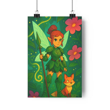 Poster féerie fée renard bâton ailes vertes feuilles roses fleurs forêt noire contours nets détails fins ambiance douce mystère nature