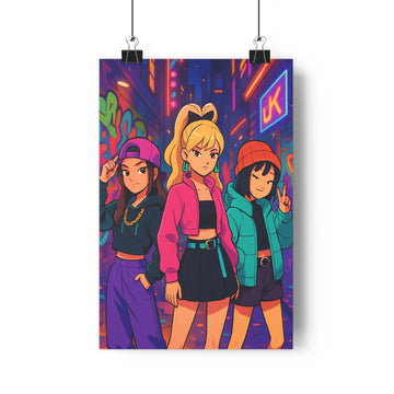 Poster urbain nuit femmes chapeaux colorés néons bleus oranges stylés moderne vibrant chambre salon