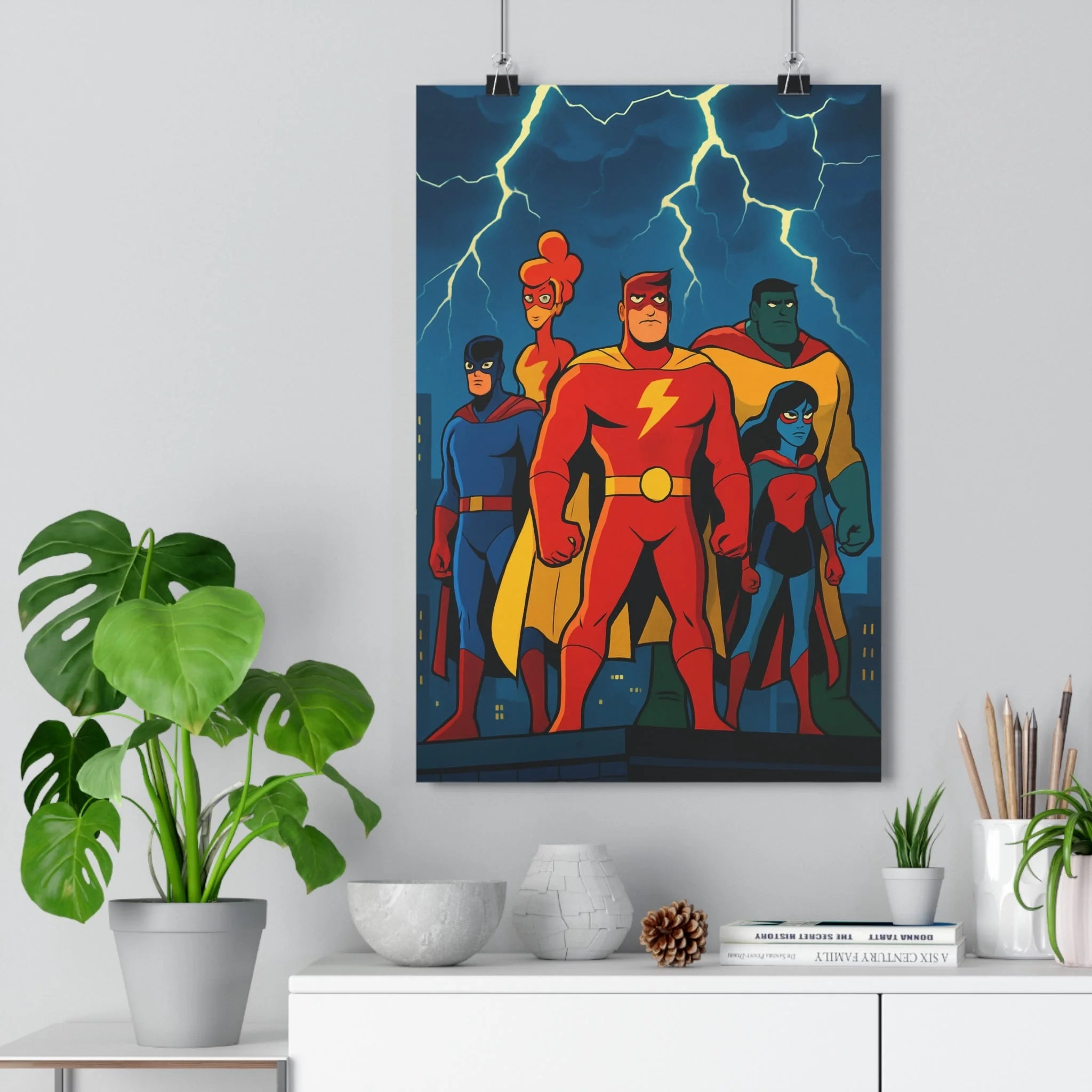 Poster décoratif superhéros cartoon rouge bleu jaune vert dynamique dramatique chambre salon enfant aventure