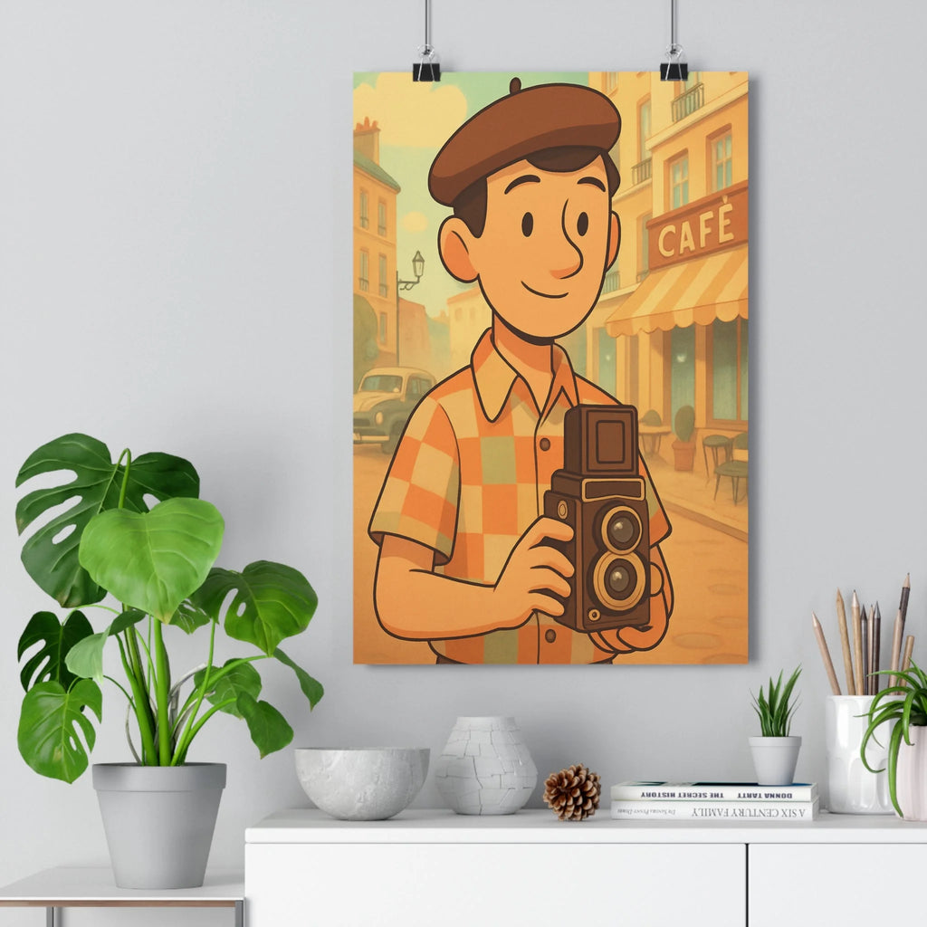 Poster vintage cartoon homme caméra chapeau chemise carreaux rue bâtiments café tons chauds orange vert bleu ciel ambiance joyeuse conviviale