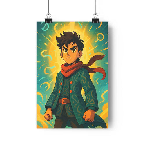 Poster aventure dynamique jaune bleu personnage lumineux cravate manteau motifs dorés plante verte vases gris livres cône pin ambiance intérieure