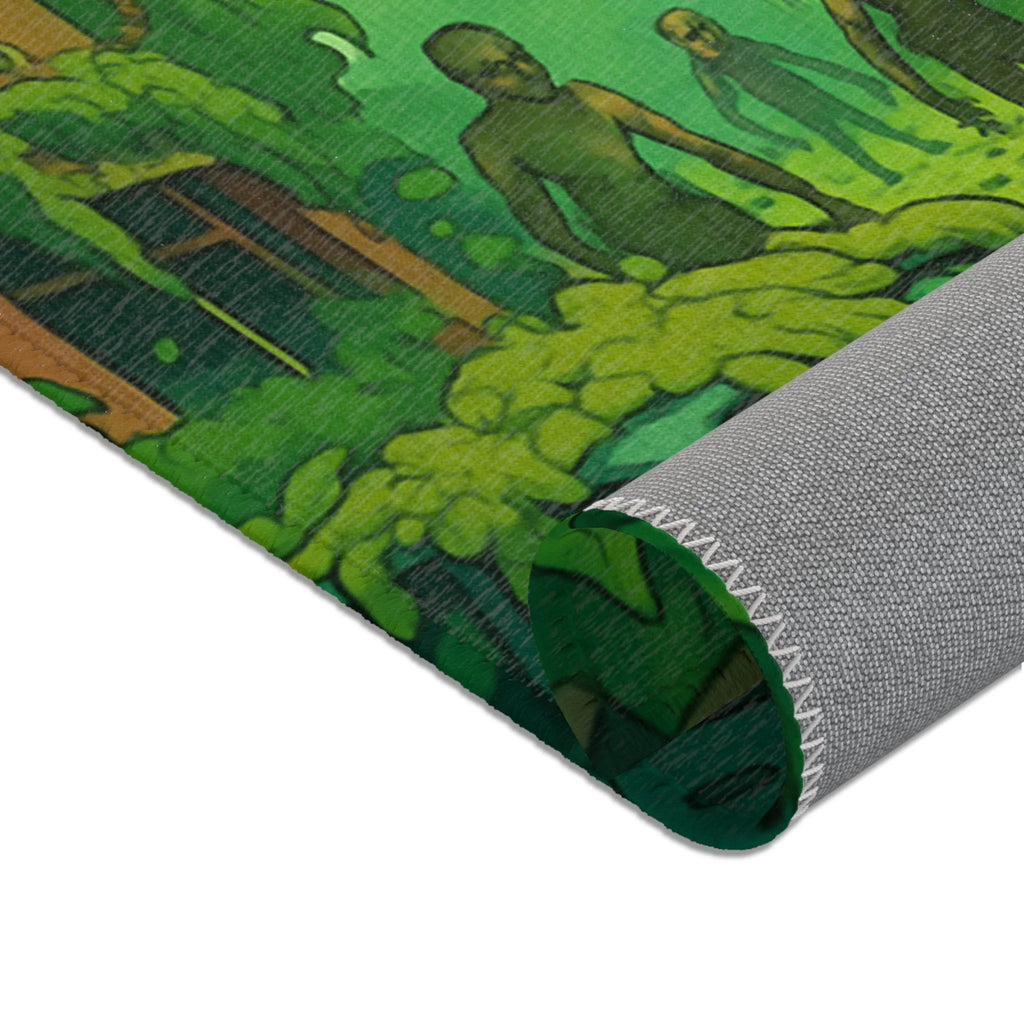 Tapis Décoratif Vert Nature Apocalyptique avec Motifs de Ville Abandonnée et Végétation Luxuriante