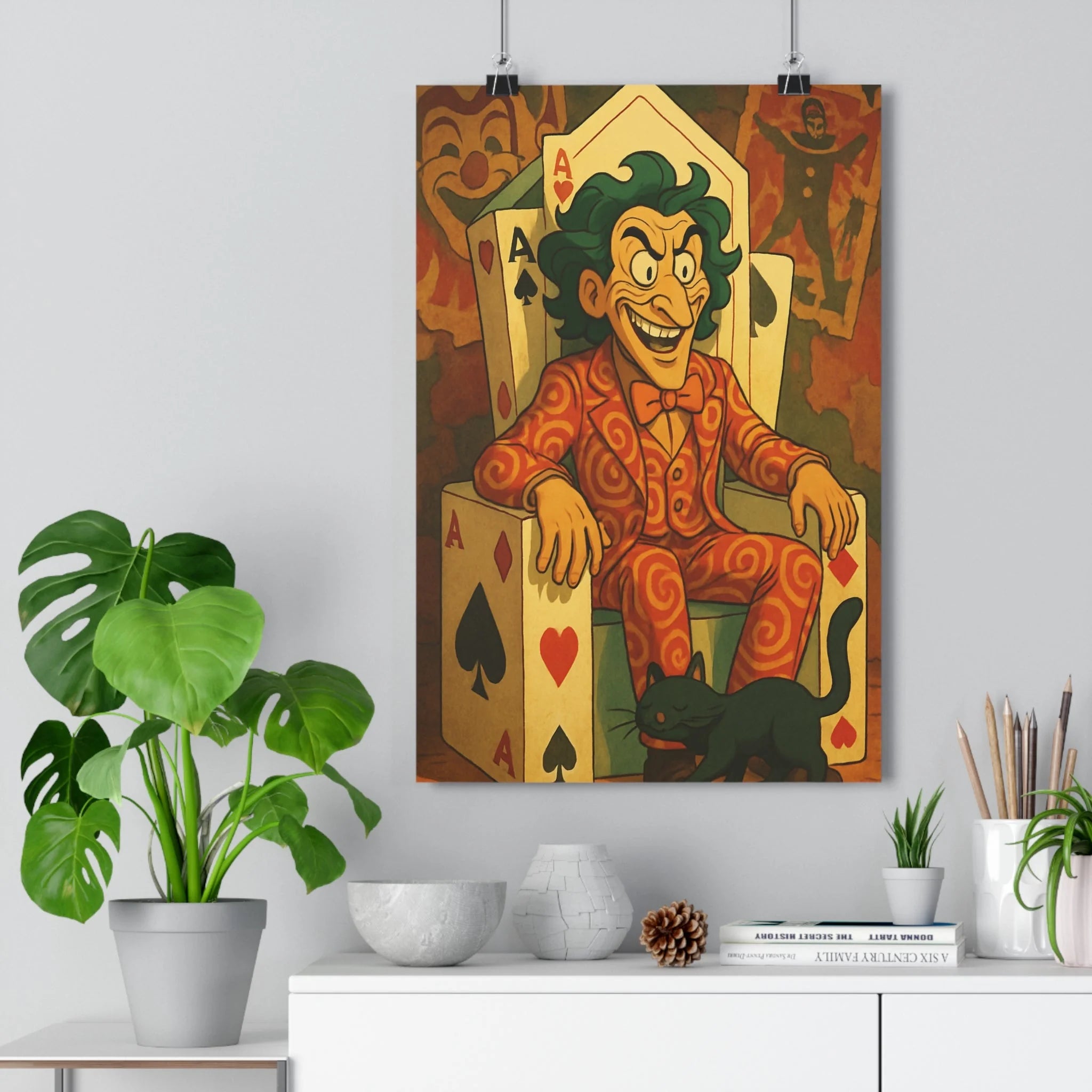 Poster décoratif fantastique orange vibrant salon chambre espiègle chaotique unique artistique personnage cartes chat