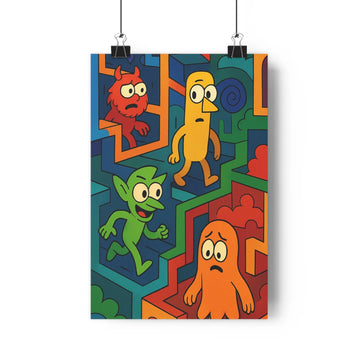 Poster cartoon géométrique personnages colorés rouge jaune vert orange structure labyrinthe expressions faciales ambiance comique chambre salon