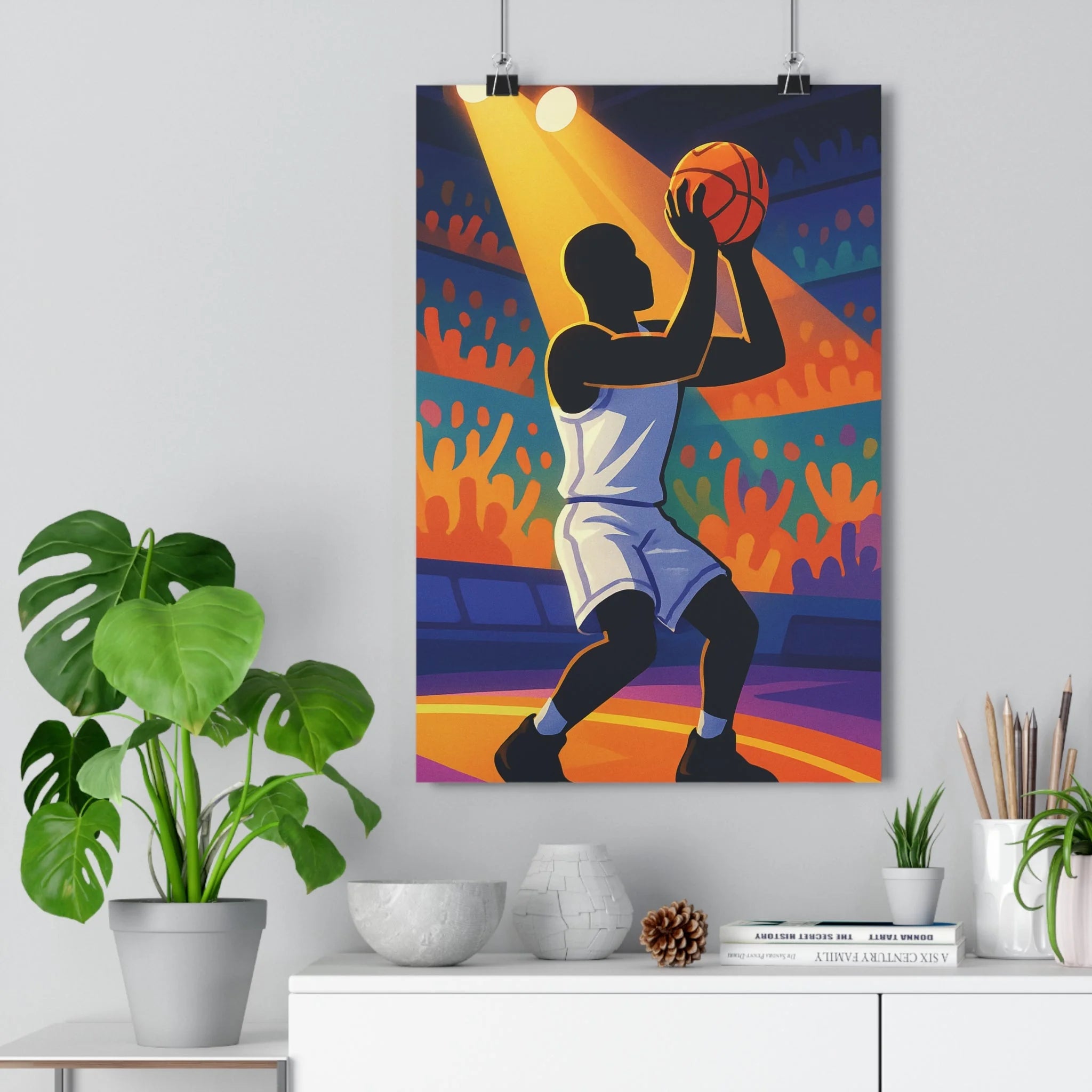 Poster décoratif dynamique basket silhouette noir blanc orange lumière salon moderne vibrant intense qualité