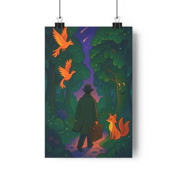 Poster forestier homme renard oiseaux arbres feuilles étoiles nuit tranquille serein mystère verte bleue rouge Jaune salon chambre