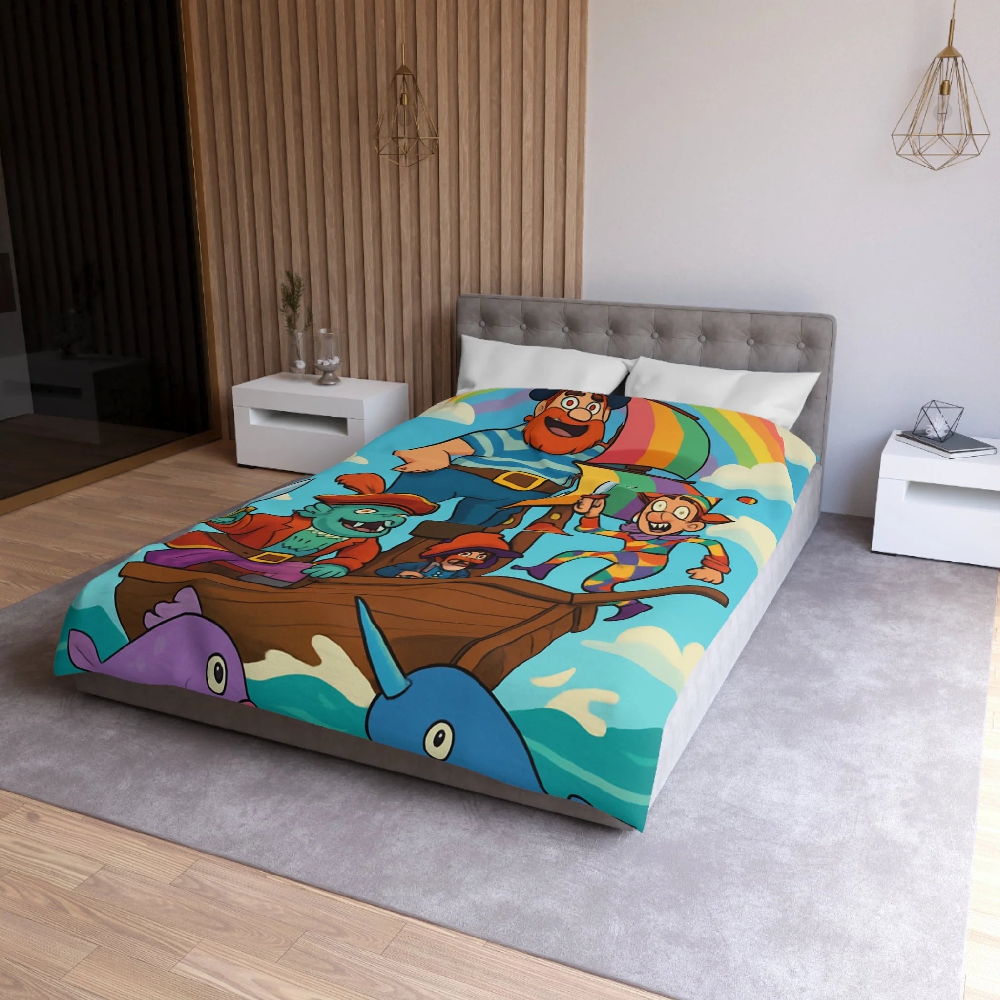 Housse de couette pirate joyeux arc-en-ciel colorée avec bateau pour enfant chambre