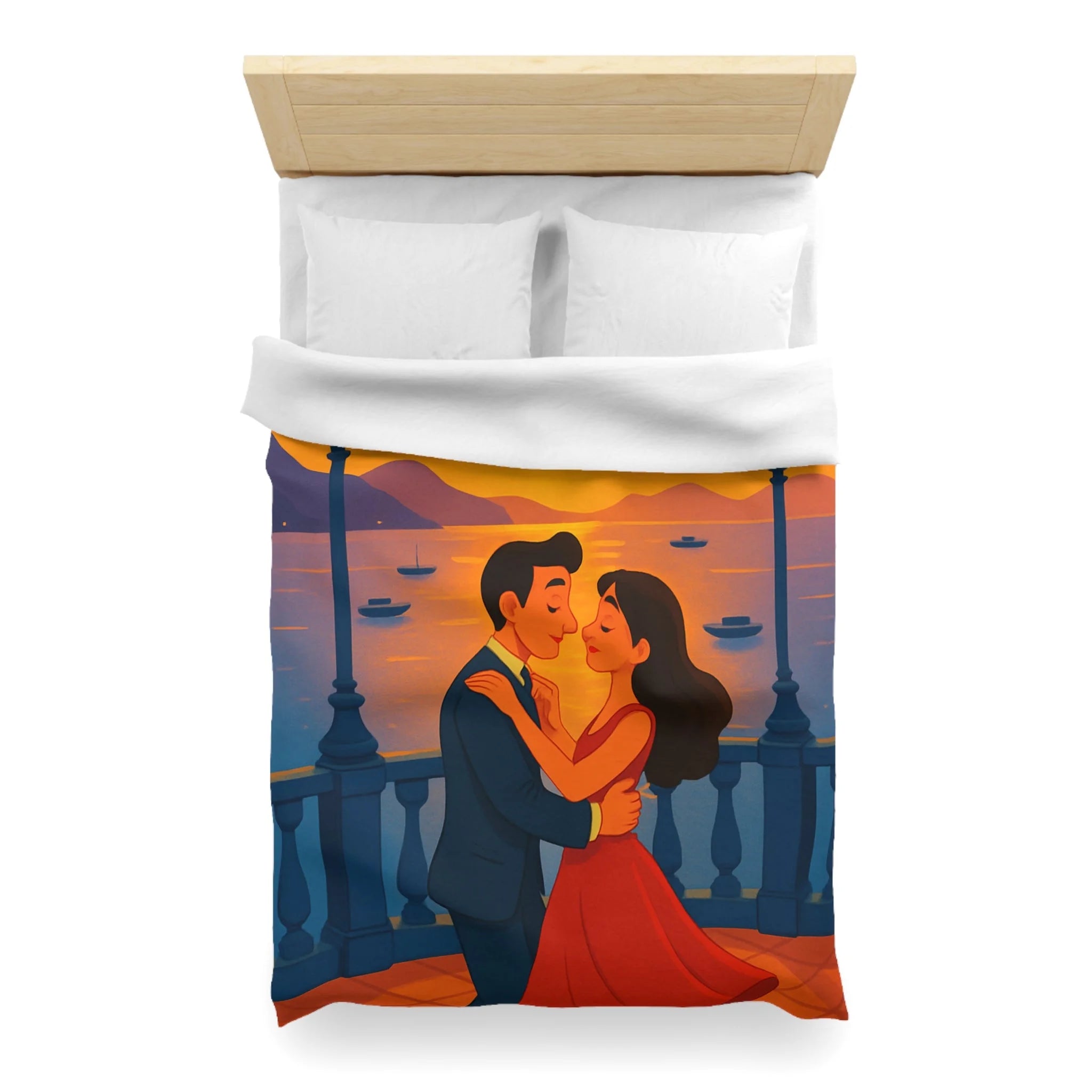 Housse de couette romantique coucher de soleil couple dansant au bord de mer