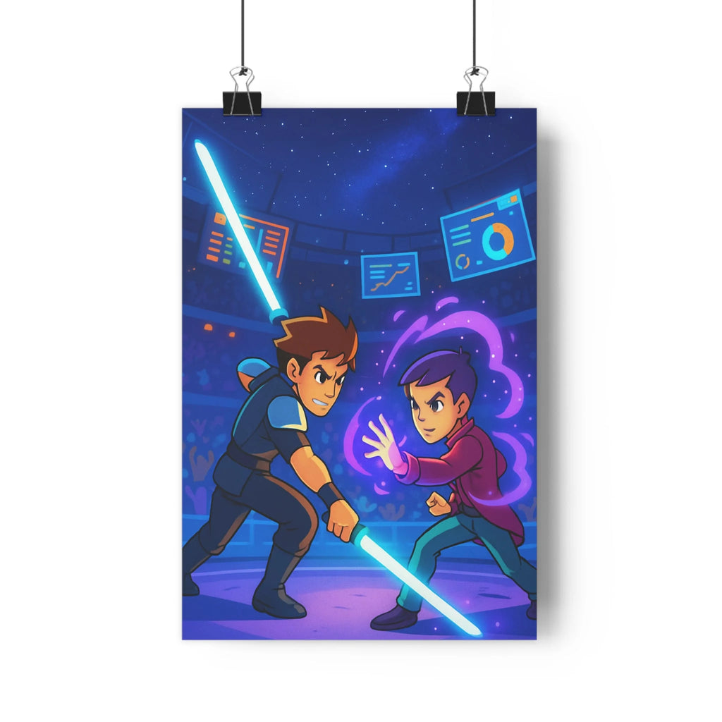 Poster décoratif animé duel futuriste bleu violet énergie épée intense chambre salon captivant qualité