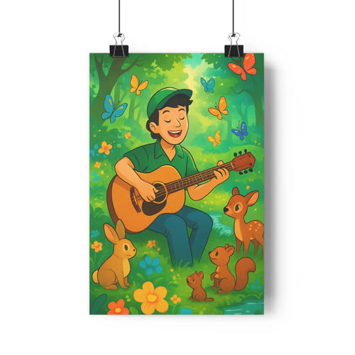 Poster joyeux forestier guitare animaux papillons fleurs verte rouge optimiste cartoon vibrant paisible chambre salon