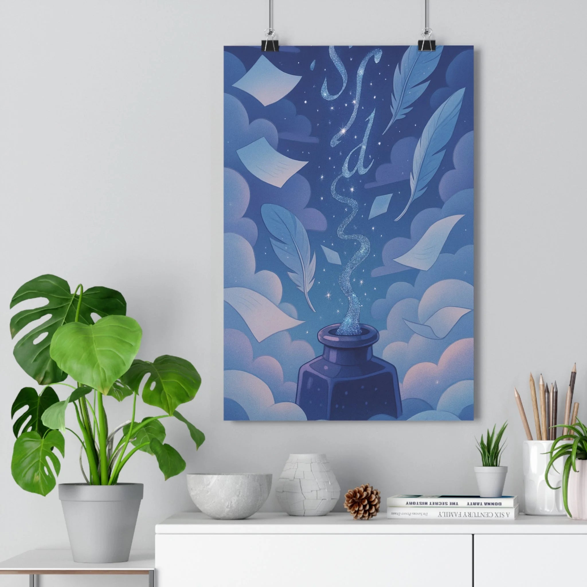 Poster décoratif rêveur bleu blanc éthéré paisible bureau créatif nuages étoiles plumes 30x46 qualité