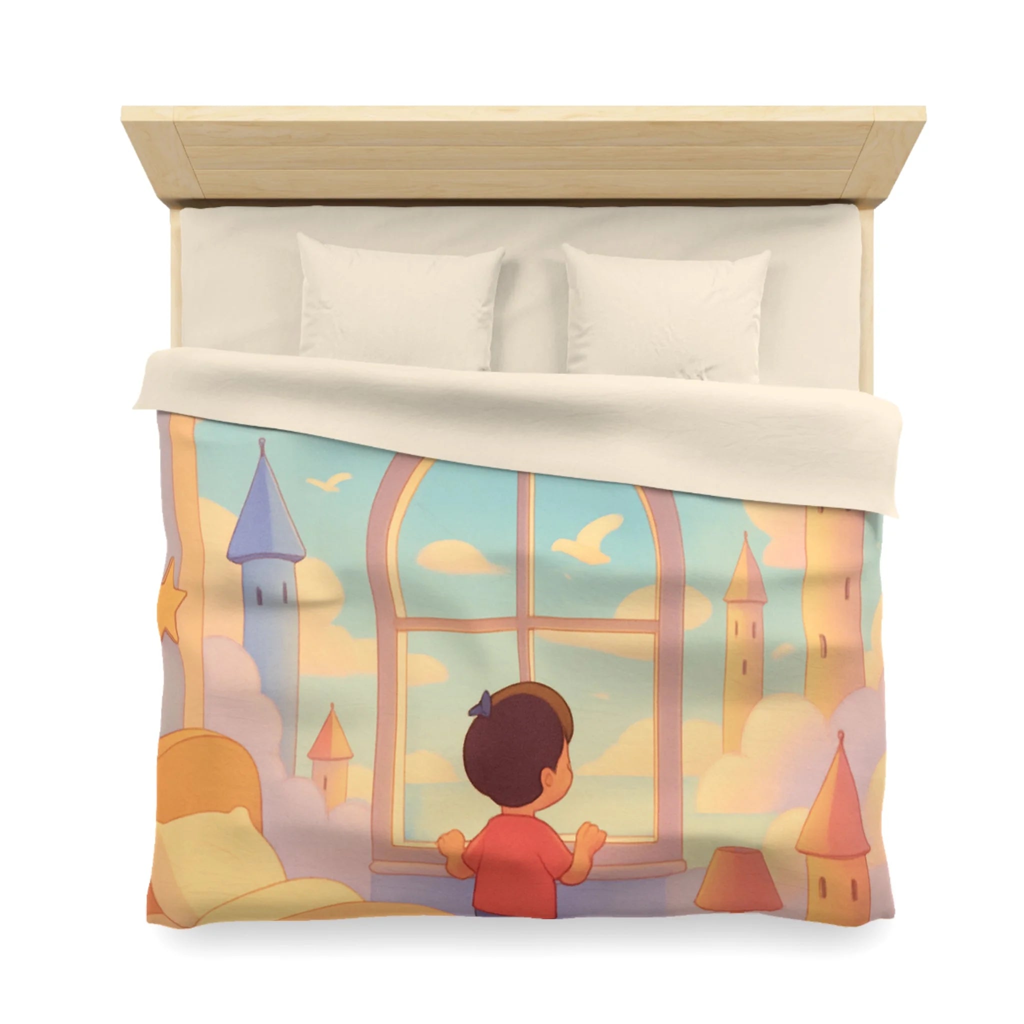Housse de couette rêveuse enfantine avec nuages, dirigeables et oiseaux volants paisibles