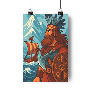 Poster guerrier viking barbe épaisse coiffe plumes bouclier épée vagues bleues montagne enneigée vêtement rouge ambiance épiques style vintage salon