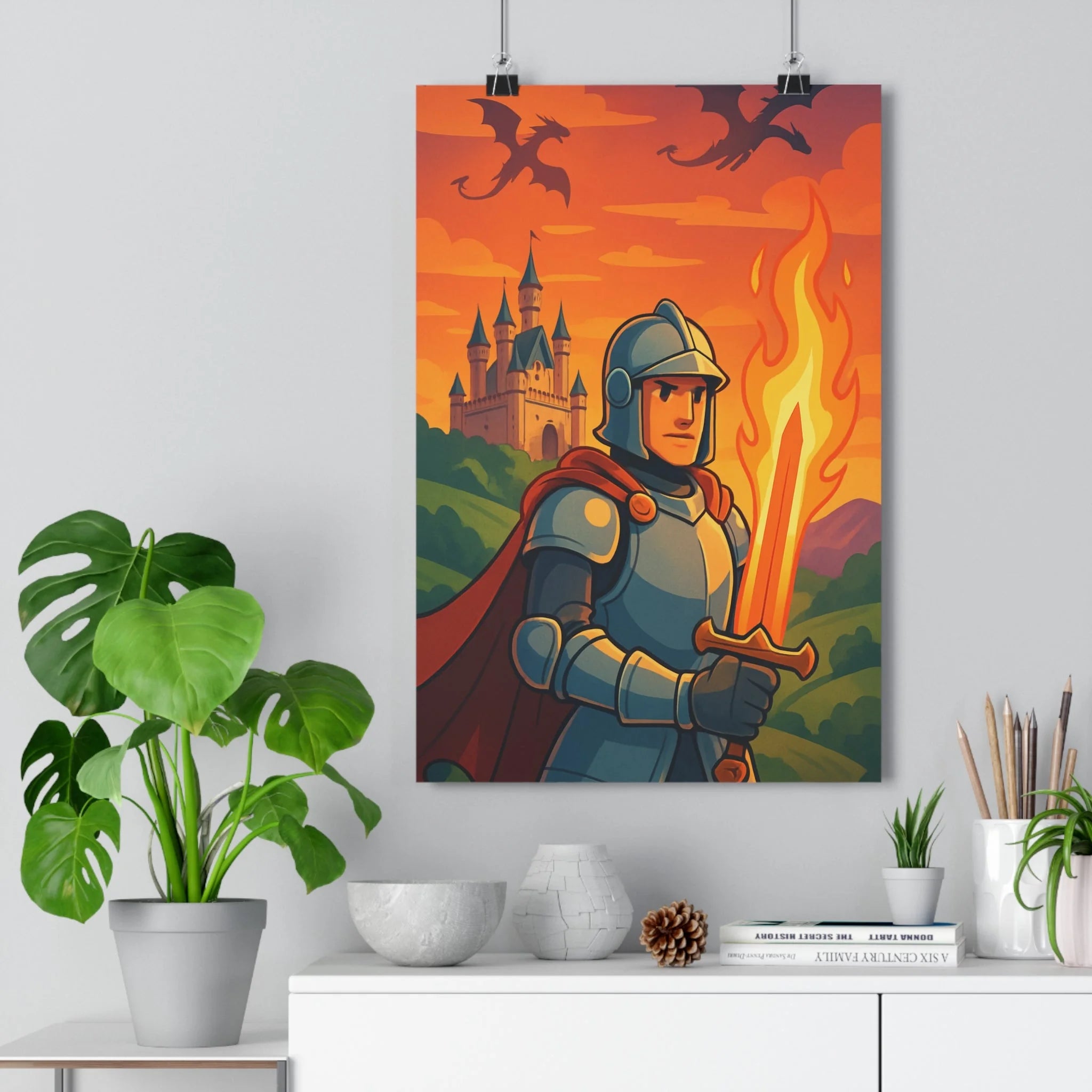 Poster décoratif fantastique coloré chevalier épée dragons château cartoon aventure chambre enfant salon mural