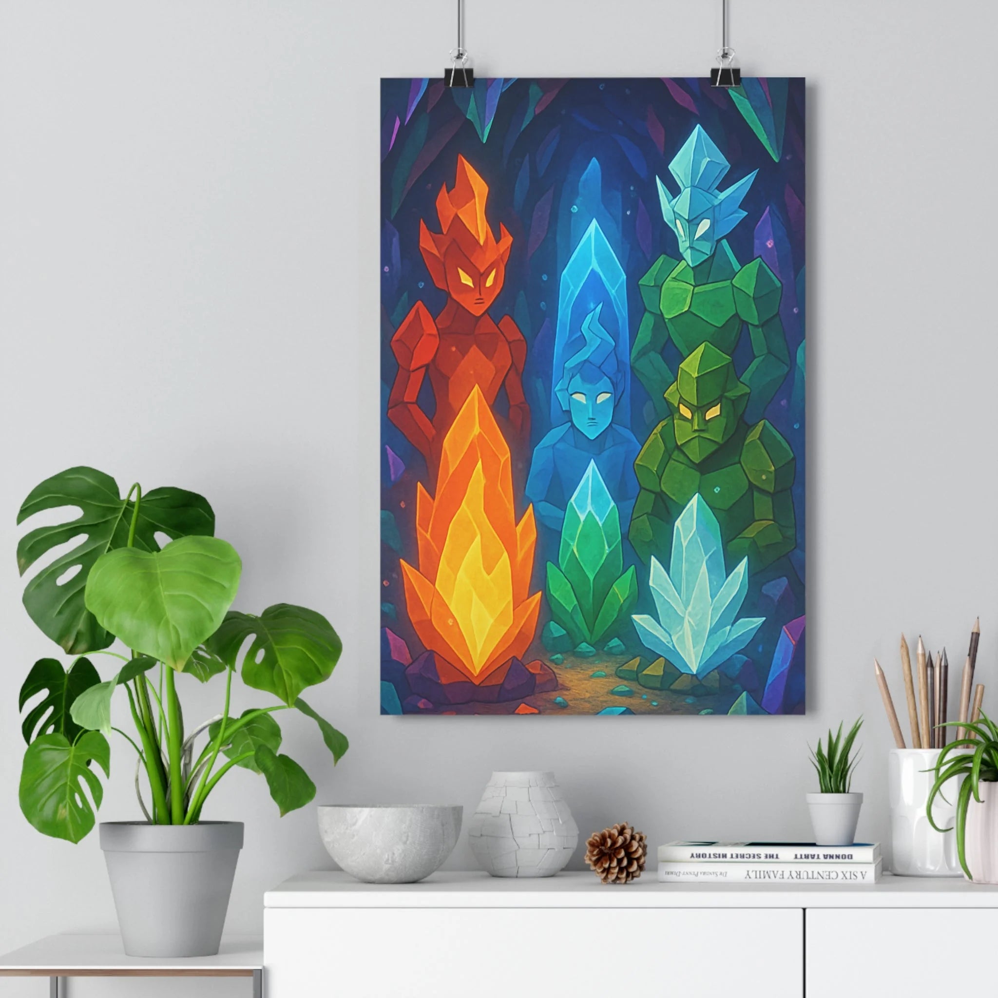 Poster décoratif mystique cristallin rouge bleu vert orange chambre enfant géométrique vibrant design 30x46