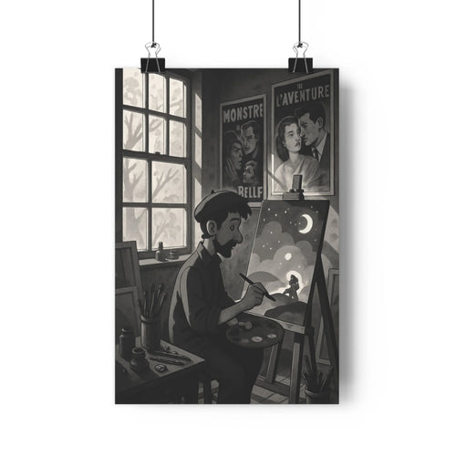 Poster artiste peignant toile palette affiches monstre aventure fenetre arbres outils peinture chevalet noir blanc déco graphique classique intime salon