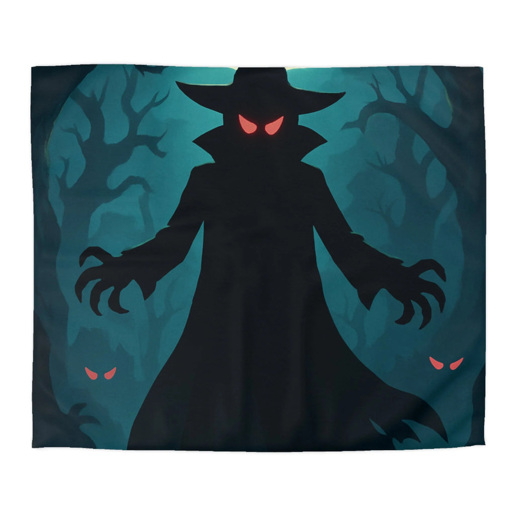 Housse de couette sorcier sombre dans forêt avec pleine lune et yeux rouges