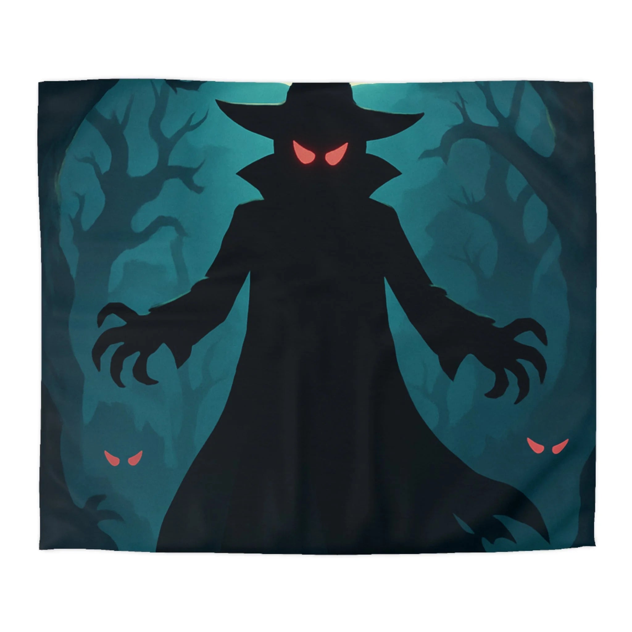 Housse de couette sorcier sombre dans forêt avec pleine lune et yeux rouges