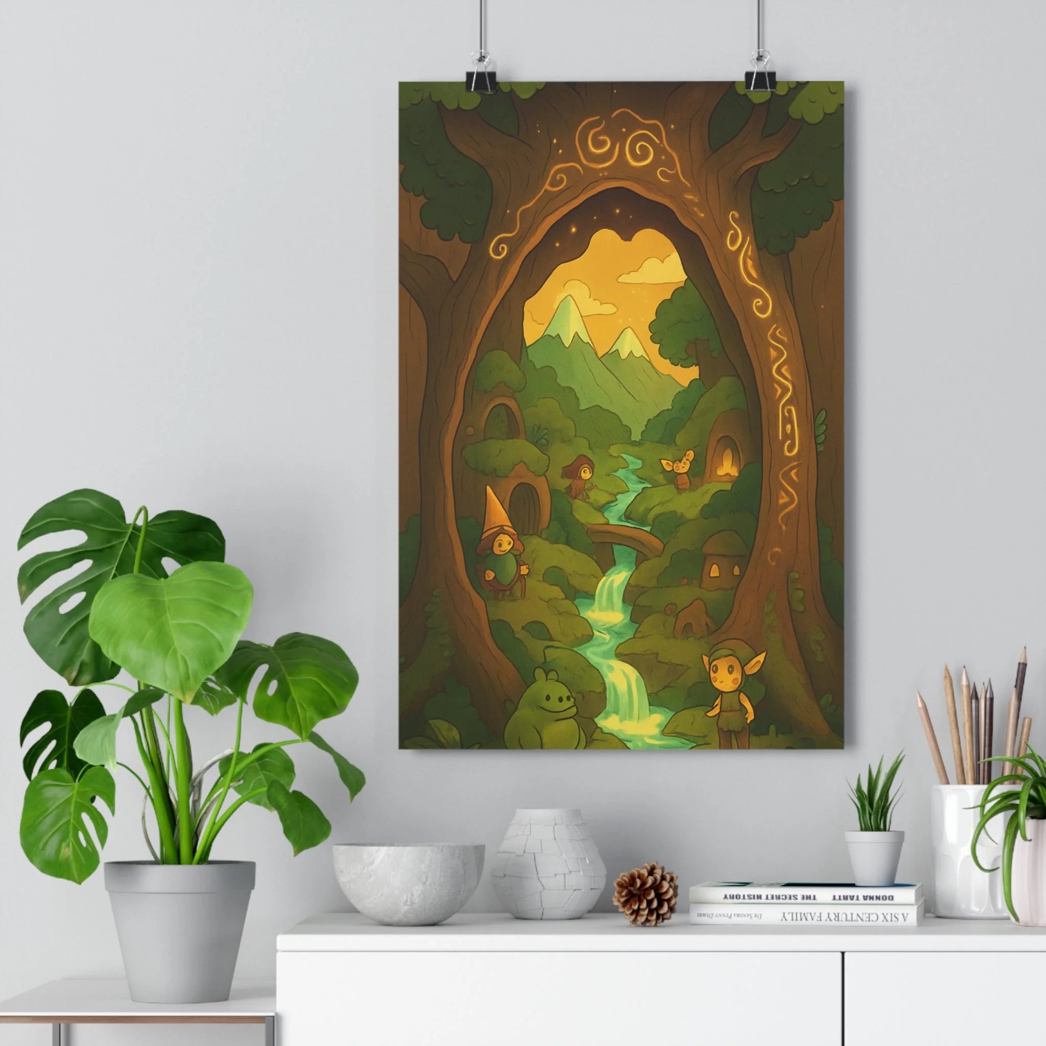 Poster décoratif féérique vert doré magique chambre enfant nature miniature créature évasion 30x46cm ambiance