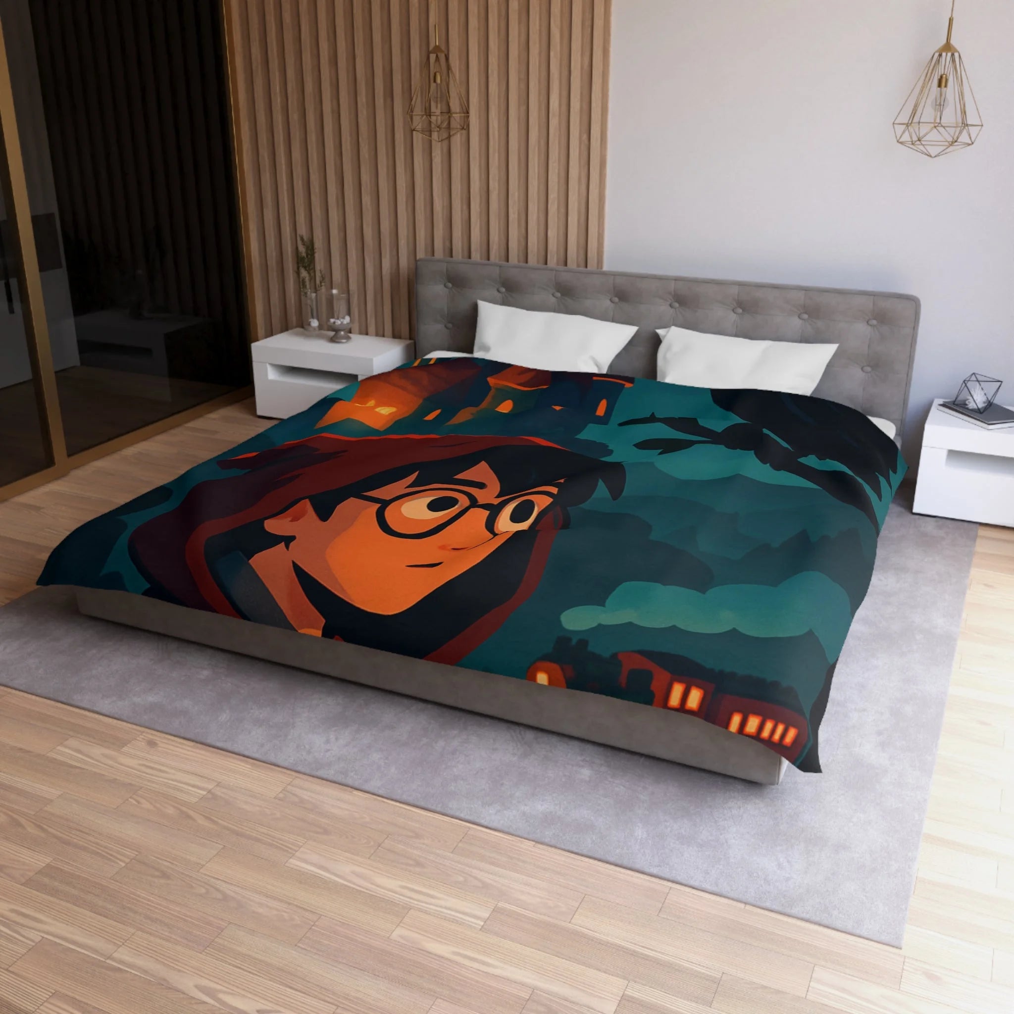 Housse de couette mystique avec château, héros et hibou pour chambre enchantée