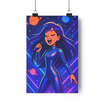 Poster chanteuse future costume bleu planètes étoiles néons lumineux ambiance vibrante couleurs vives moderne graphique chambre salon