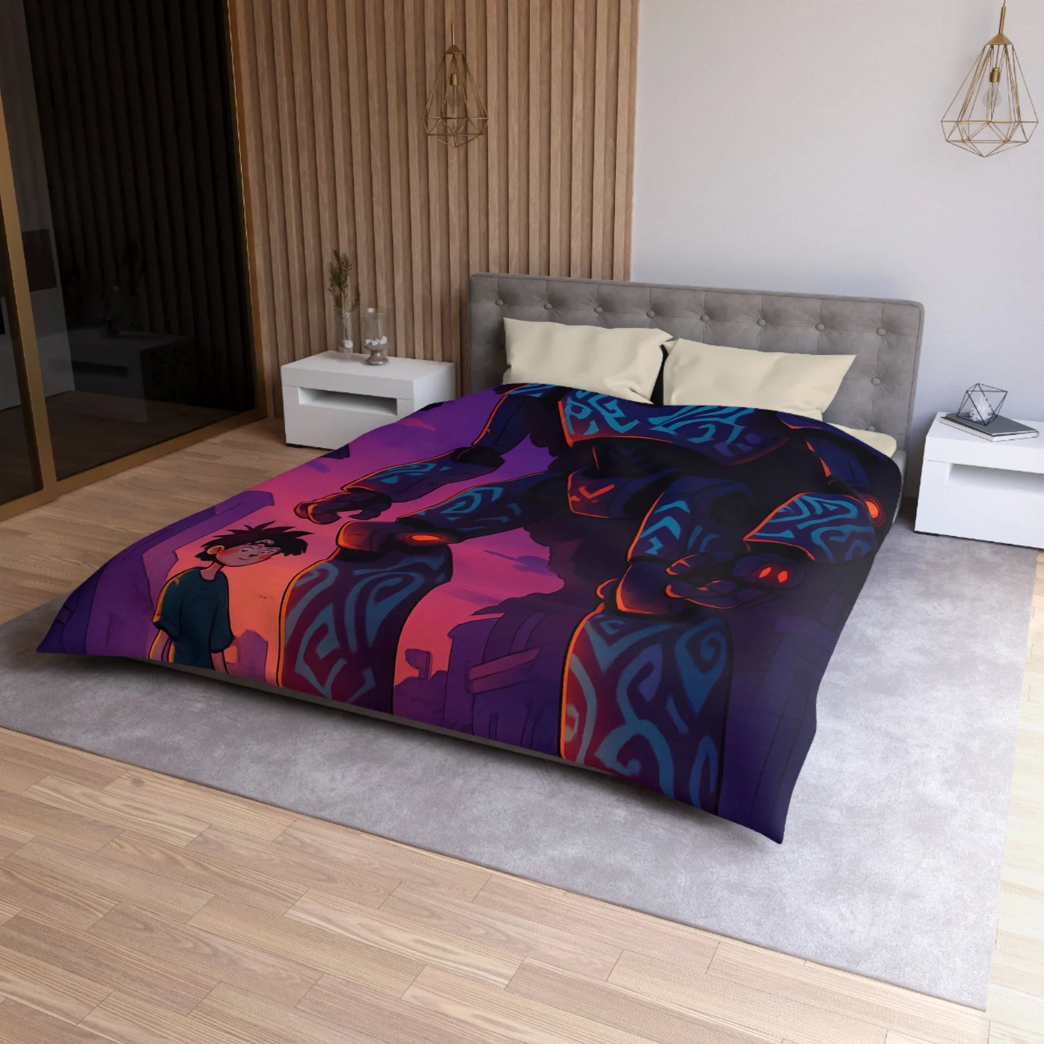 Housse de couette robot géant bleu lumineux, décor urbain vibrant et enfant émerveillé