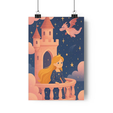 Poster princesse château rose dragon nuages bleus plantes vertes tableaux céramiques livres doux enfantin magique romantique chambre salon