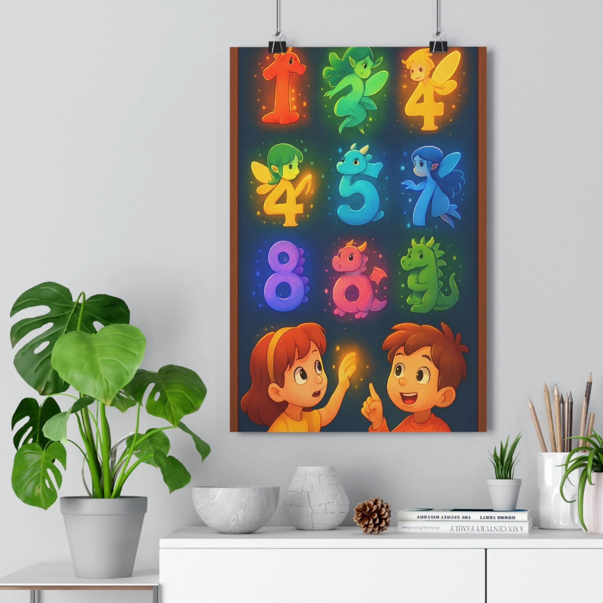 Poster décoratif magique enfants chiffres colorés rouge vert bleu violet créatures fantastiques chambre joyeuse