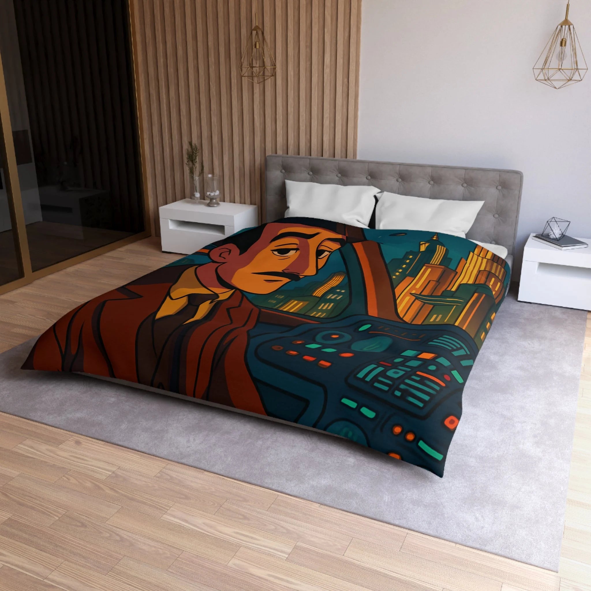 Housse de couette rétro-futuriste avec illustration de ville et pilote dans vaisseau