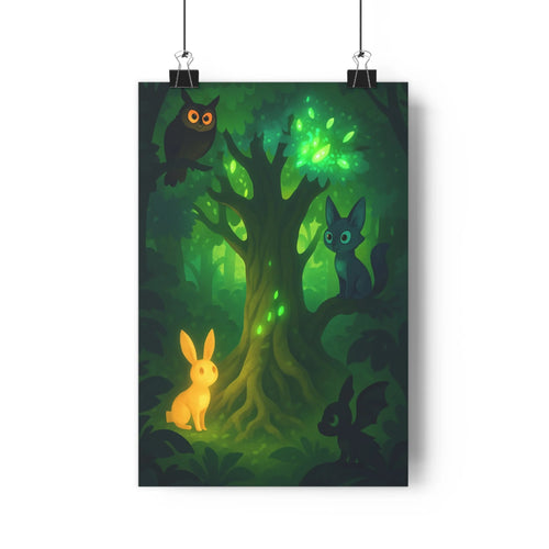 Poster féerique forêt nuit lapin chat hibou feuilles racines lumière fluo tranquilité sérénité aventurier cartoon ombres douces verte bleue Jaune