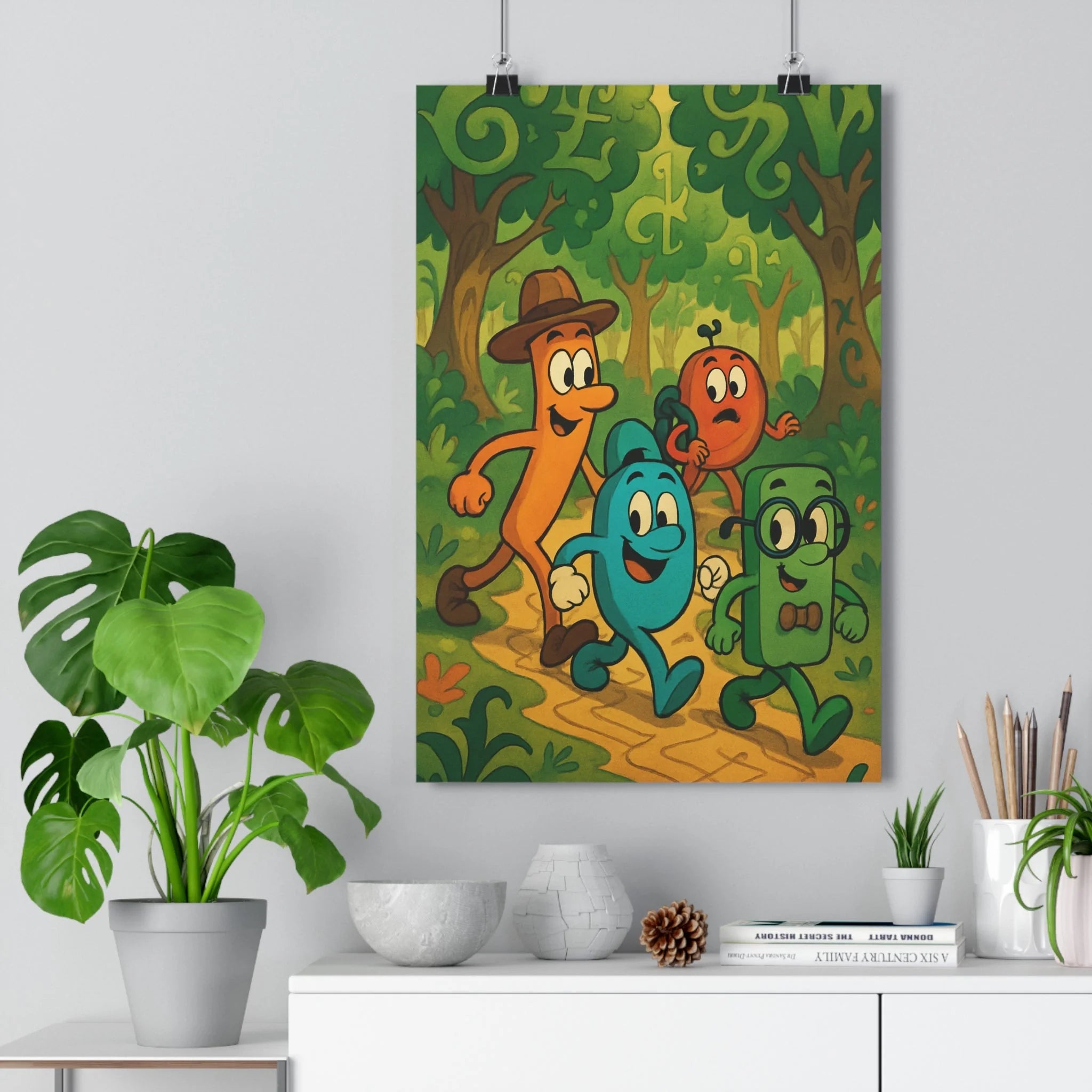 Poster décoratif enfants cartoon coloré forêt nostalgique années 80 aventure joyeux vibrant ludique chambre