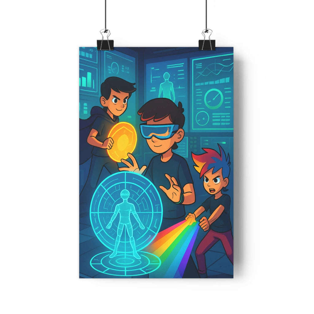 Poster décoratif futuriste bleu lumineux ambiance dynamique chambre enfant technologie moderne héros aventure hologramme