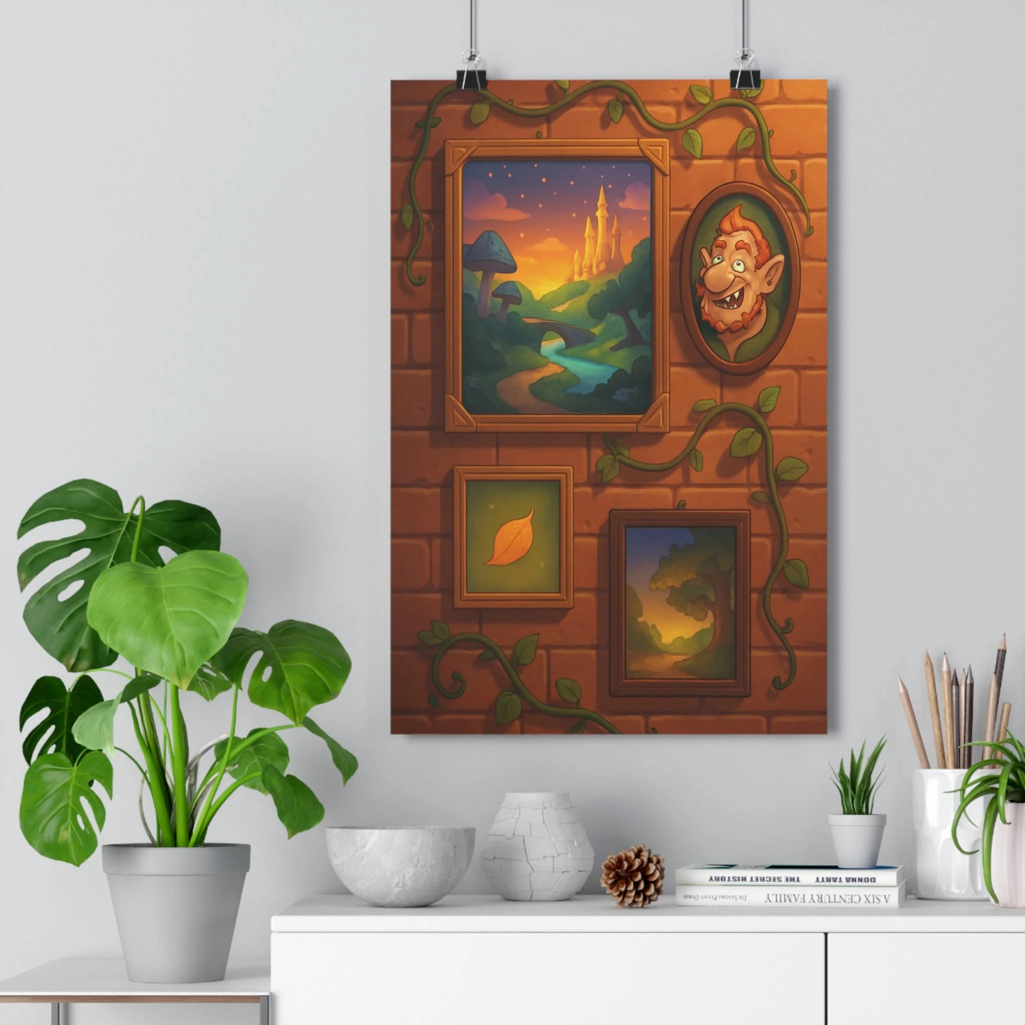 Poster décoratif pastel cartoon féerique ancien mur salon enfant paysage château lumineux cadre qualité
