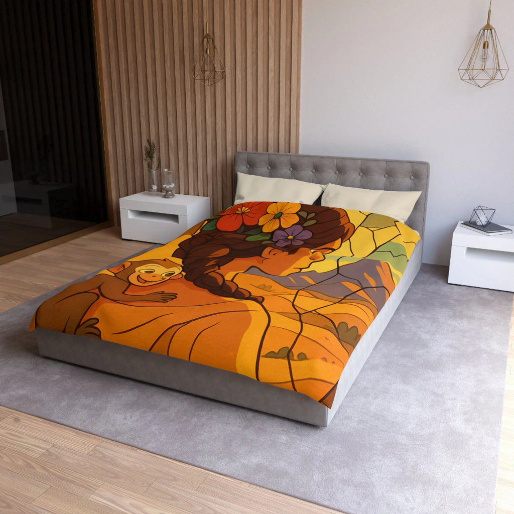 Housse de couette vibrante avec jeune femme et singe devant vitrail coloré