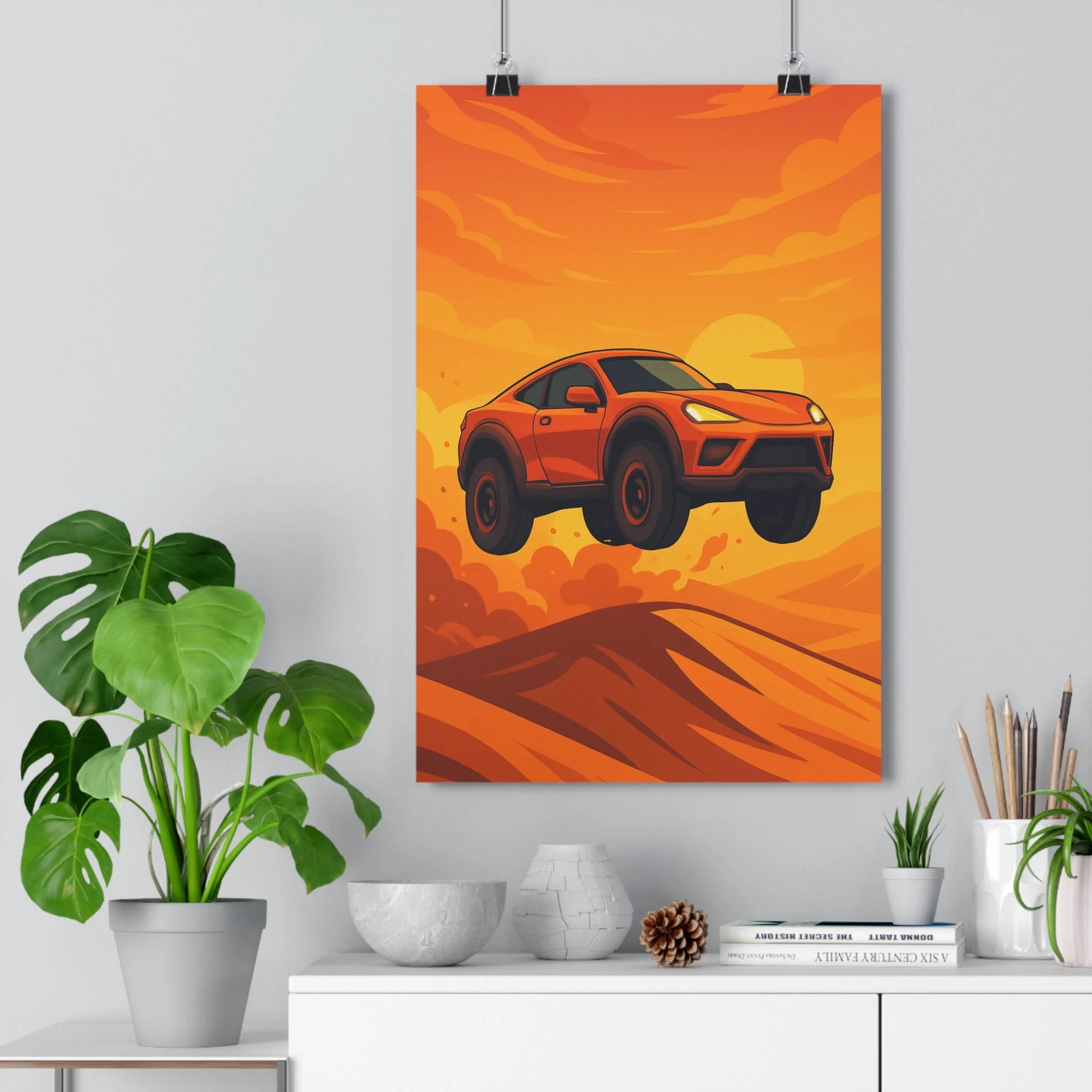 Poster décoratif voiture sportive rouge dessin animé aventure sable orange jaune salon chambre qualité