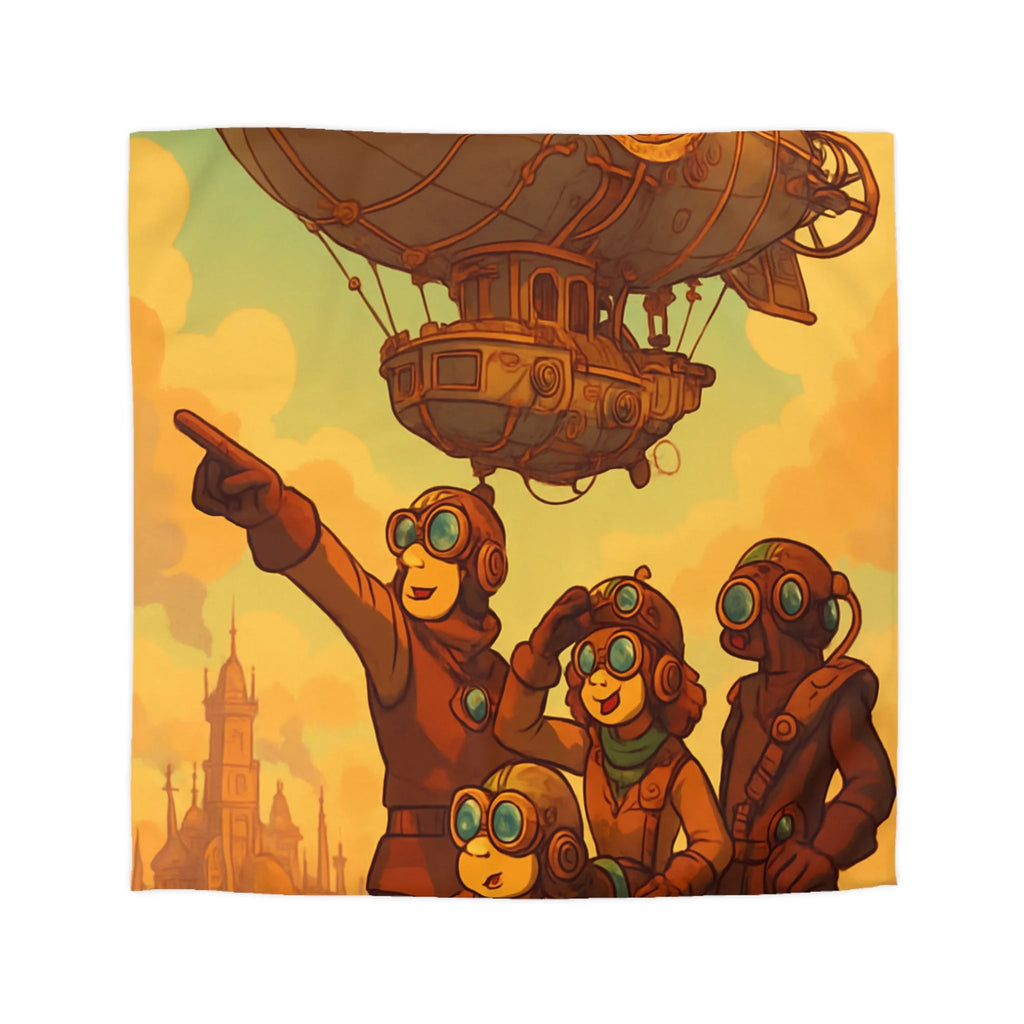 Housse de couette rétro-aventure steampunk avec dirigeable et explorateurs en plein ciel