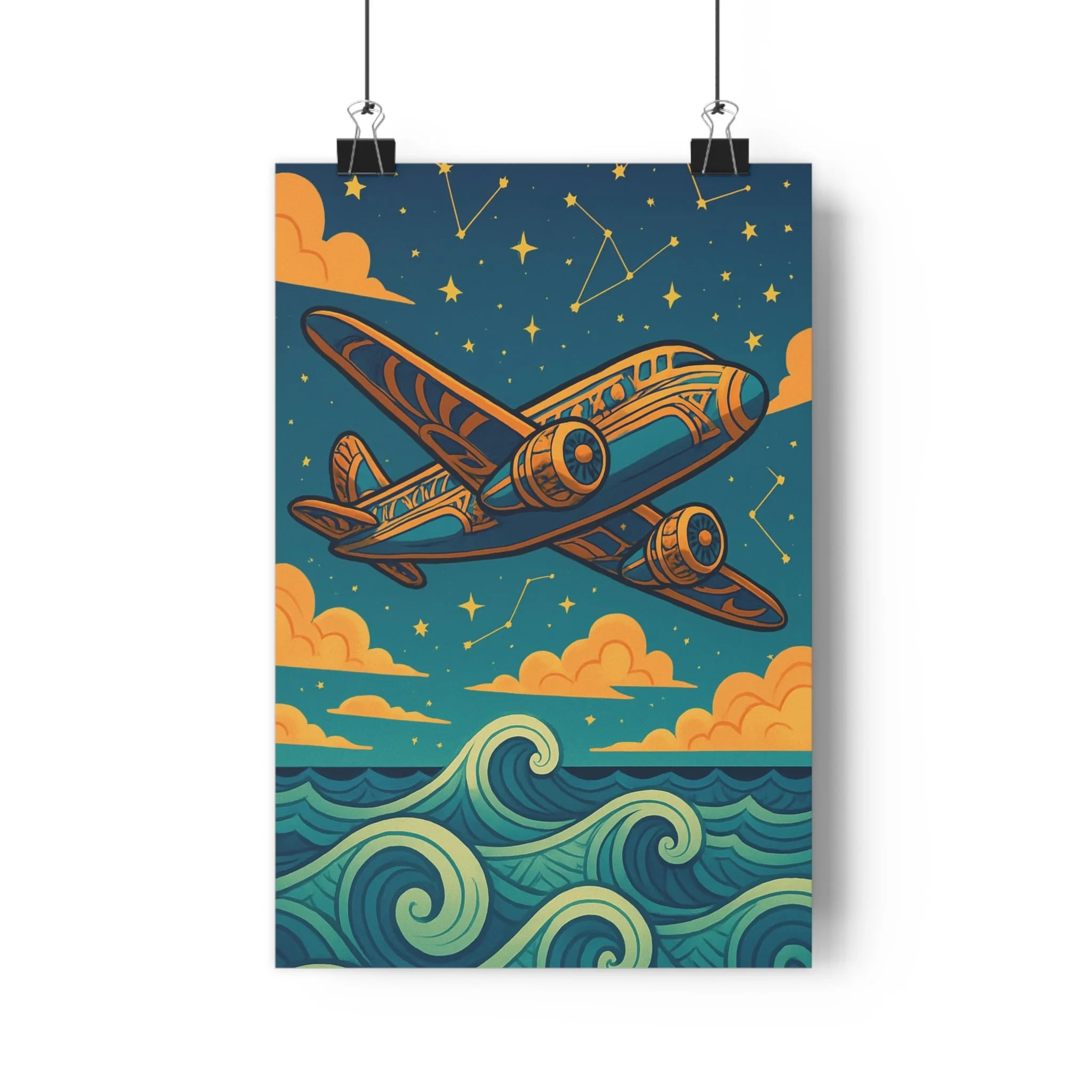 Poster décoratif art déco bleu orange avion nuages salon rêveur design méditerranéen moderne tendance