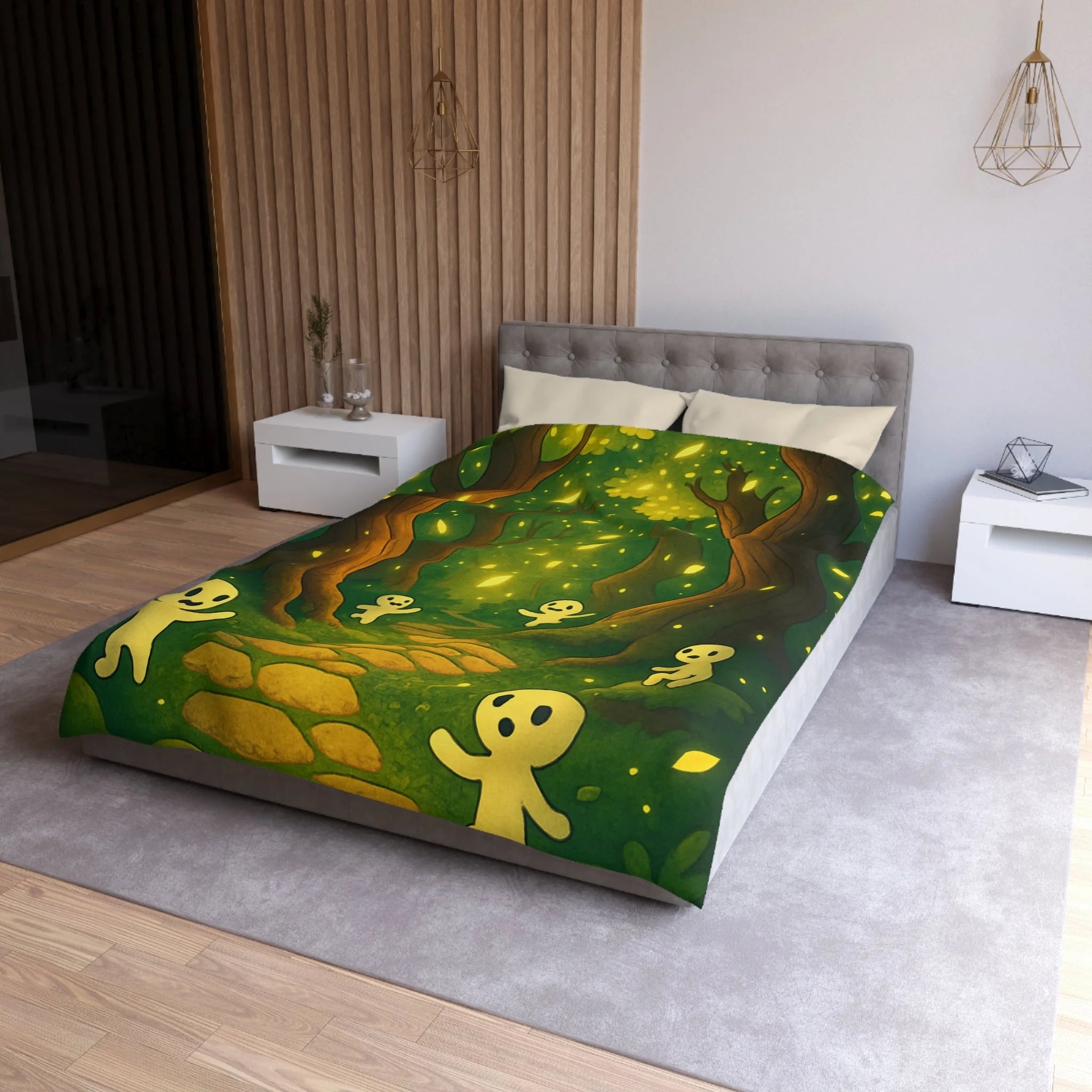 Housse de couette motif forêt magique avec créatures lumineuses ambiance apaisante