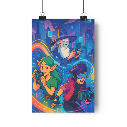 Poster vibrant futuriste sorcier barbu caméristes urbain couleurs vives bleu violet jaune rouge moderne effets lumineux dynamique chambre salon