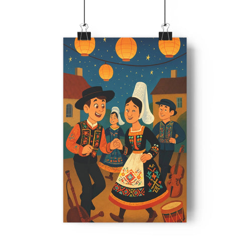 Poster danseurs traditionnels costumes folkloriques ciel étoilé lanternes suspendues bleu nuit rouge blanc style cartoon contours nets détails stylisés ambiance