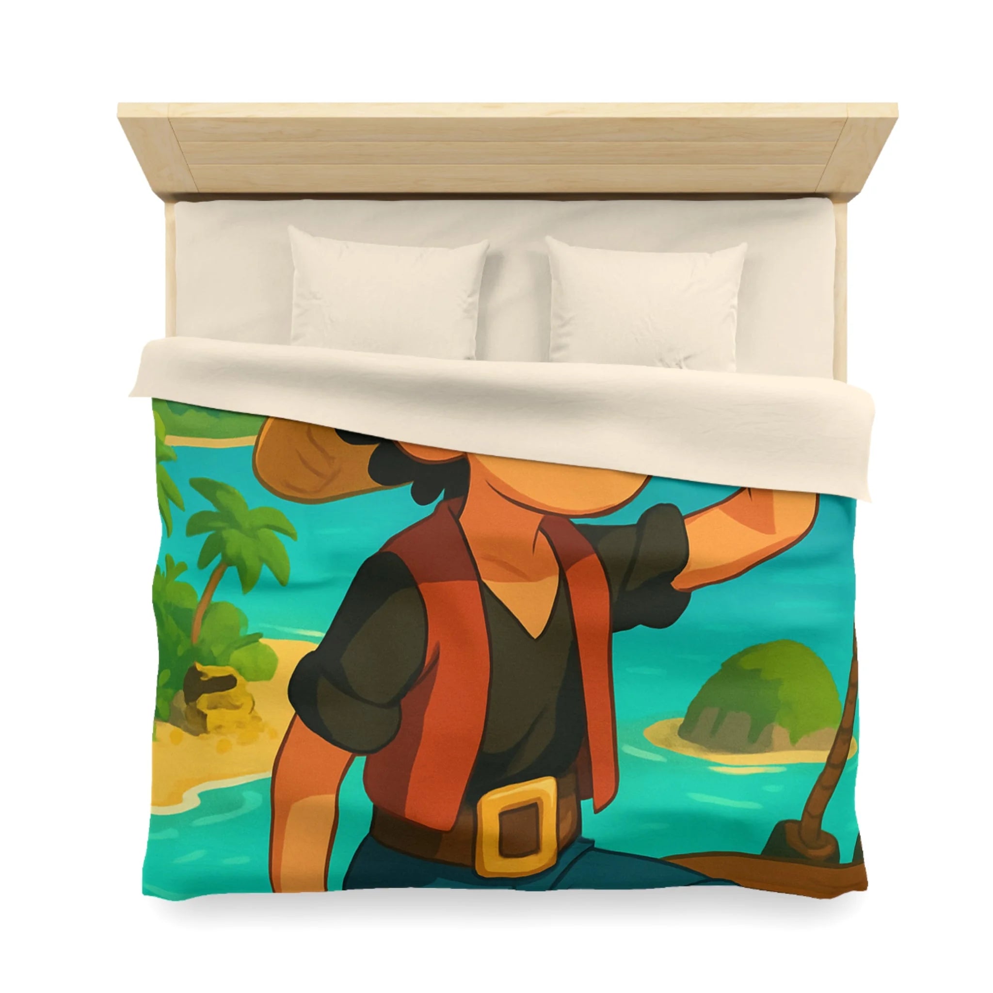 Housse de couette tropicale enfant avec pirate aventurier sur fond d'île paradisiaque