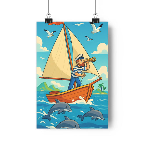 Poster marin voilier dauphins vagues bleues oiseaux nuages verts joyeux cartoon simple style maritime ambiance salon
