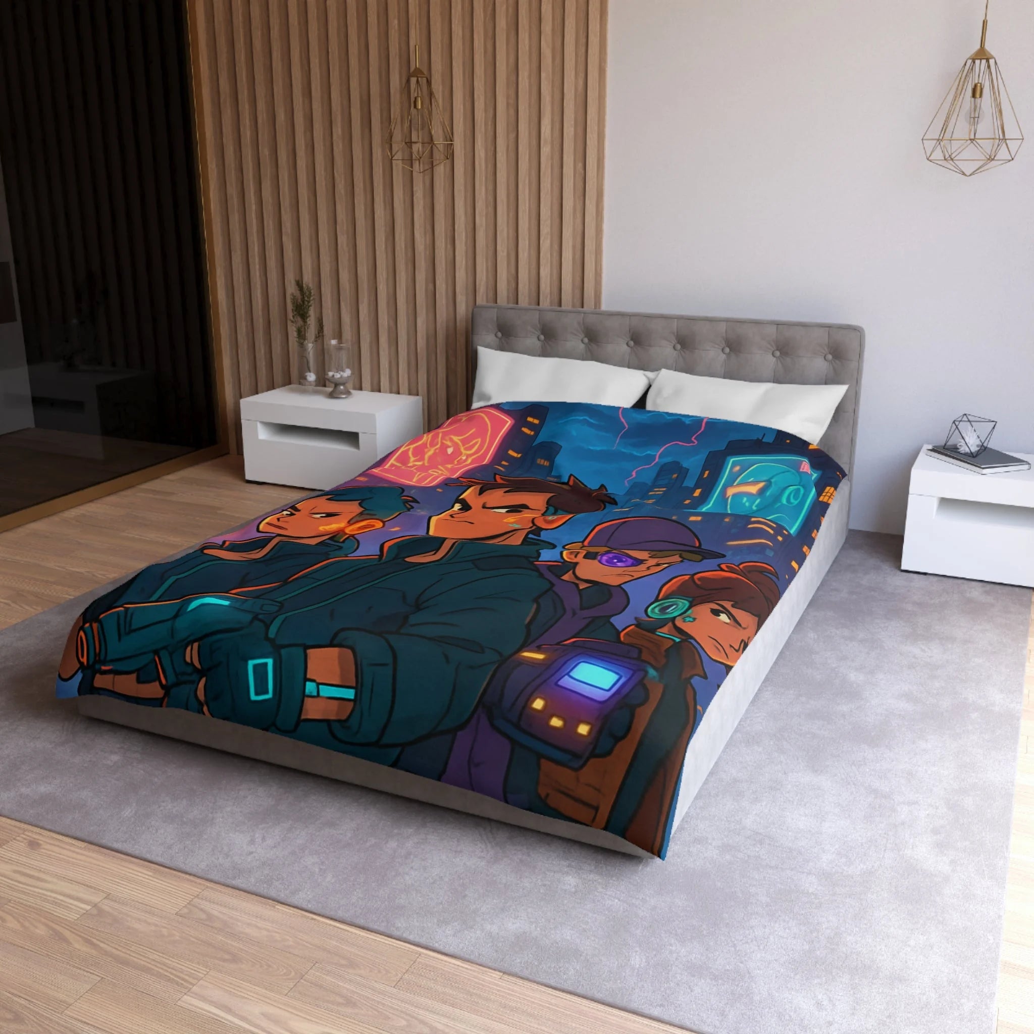 Housse de couette style rétro futuriste avec scène urbaine néon et personnages cyberpunk