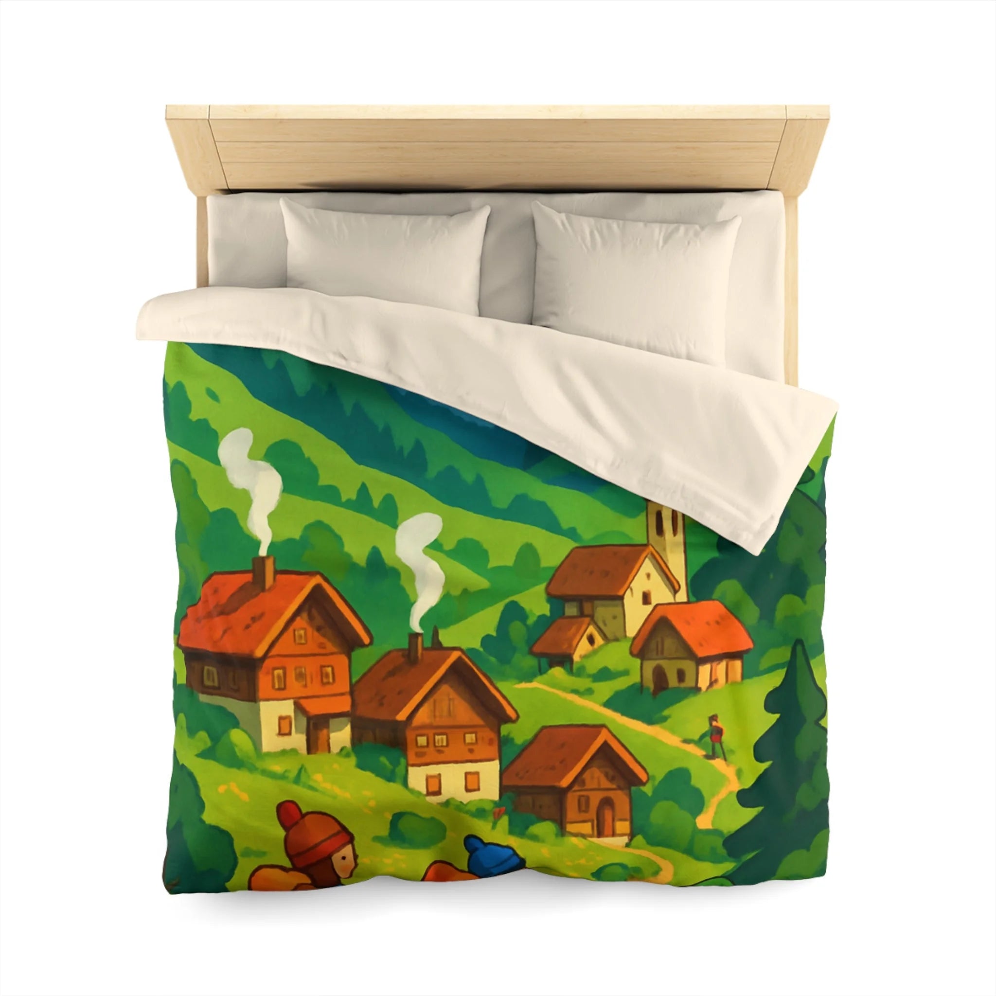 Housse de Couette Montagne avec Aventureurs, Chalets et Paysage Montagnard Enneigé